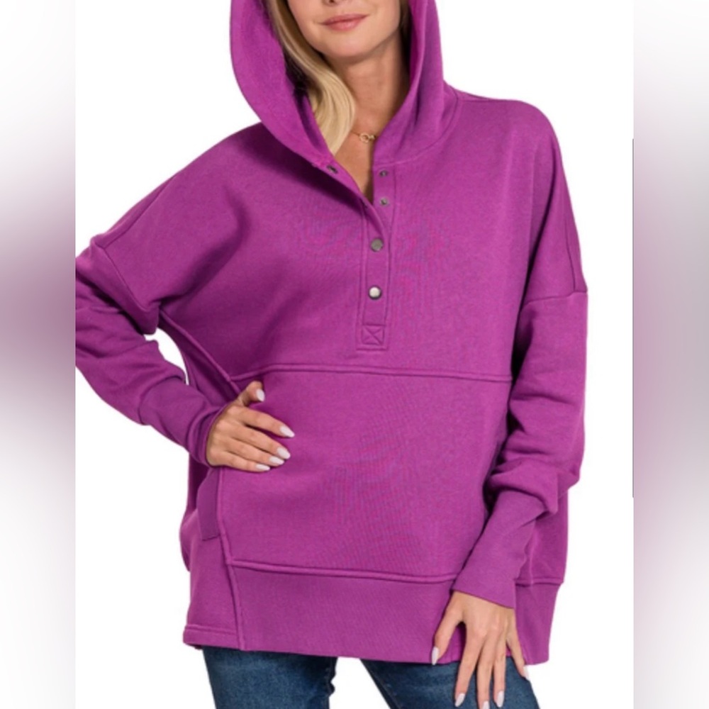 ZENANA DARK PLUM  HALF BUTTON FLEECE HOODED PULLOVER